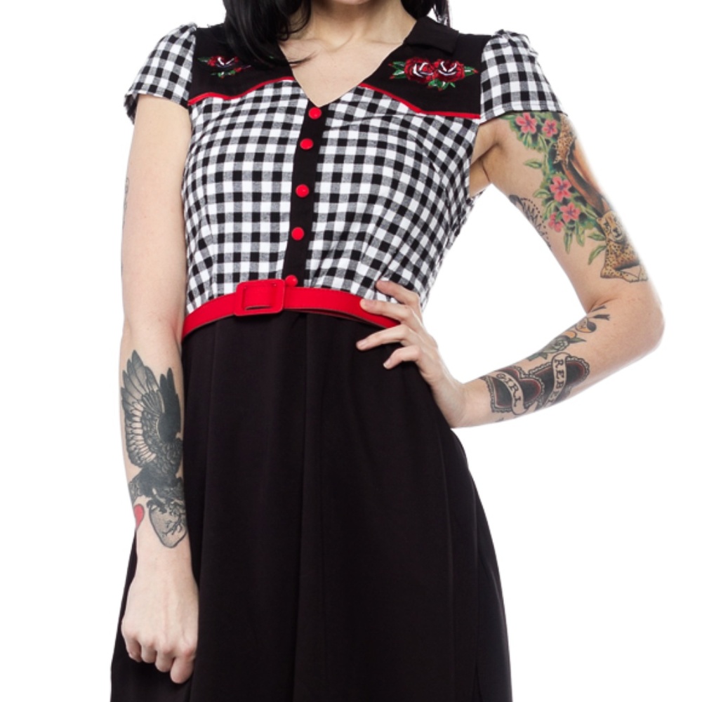 Sourpuss pinup dress western plaid swing roses